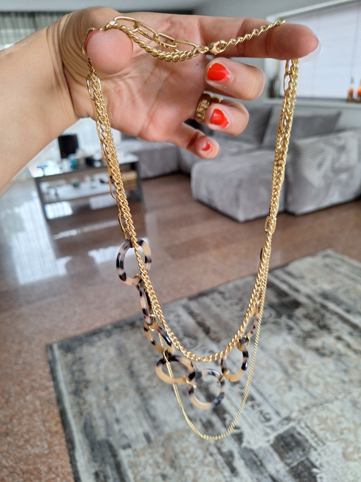 Gouden ketting met schakels en ringen, Ophalen of Verzenden, Gebruikt, Goud, Overige materialen