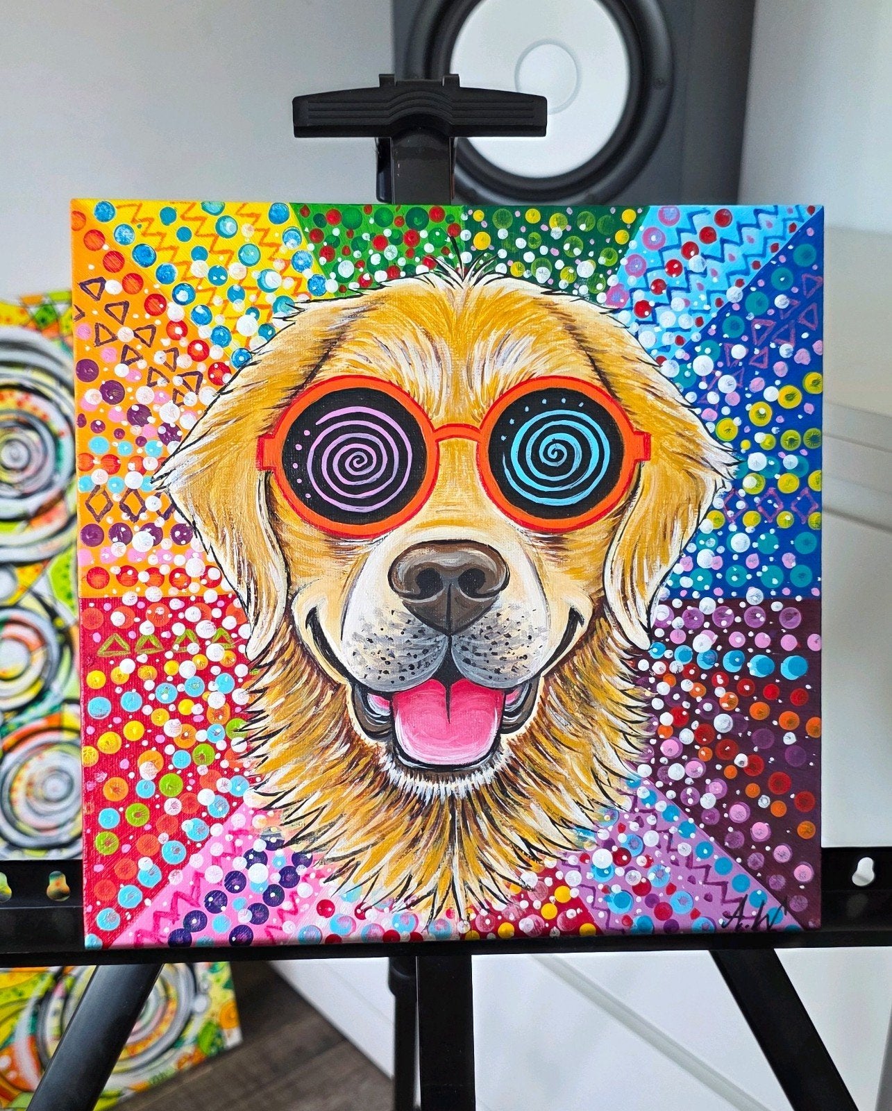 Handgeschilderd schilderij – Kleurrijke hond – 25x25 cm, Antiek en Kunst, Ophalen, Acrylverf, Gesigneerd, Dieren