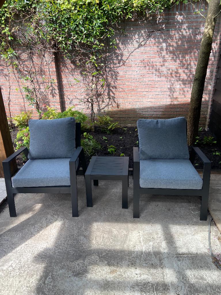 Tuinset - 2 fauteuils + een tafeltjr, Gebruikt, Aluminium, Tuinset, Ophalen