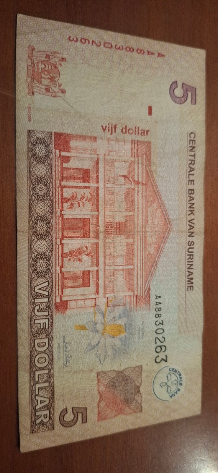 Surinaams 5 Dollar Biljet - Centrale Bank van Suriname, Postzegels en Munten, Ophalen of Verzenden, Zuid-Amerika, Los biljet