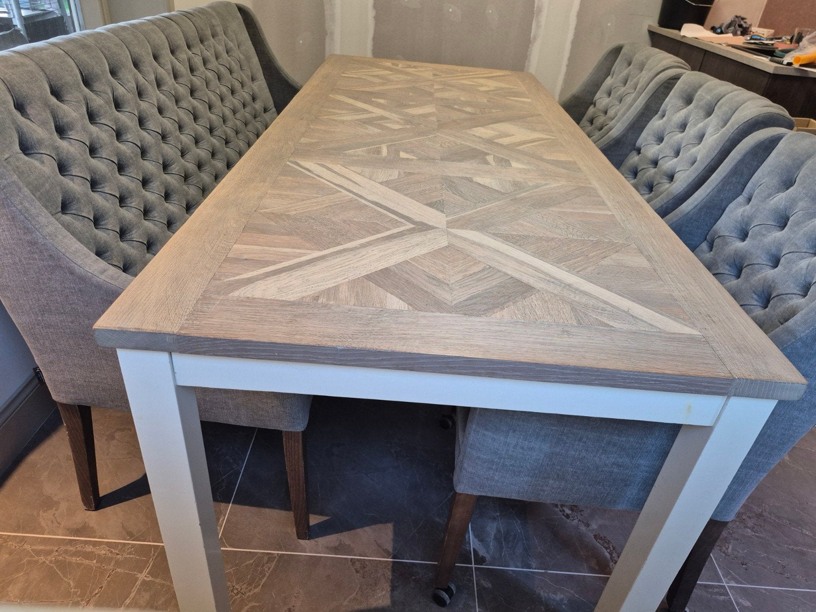 Eettafel 220cm met 3 stoelen en eetbankje, Ophalen, Gebruikt, 50 tot 100 cm, Landelijk, modern