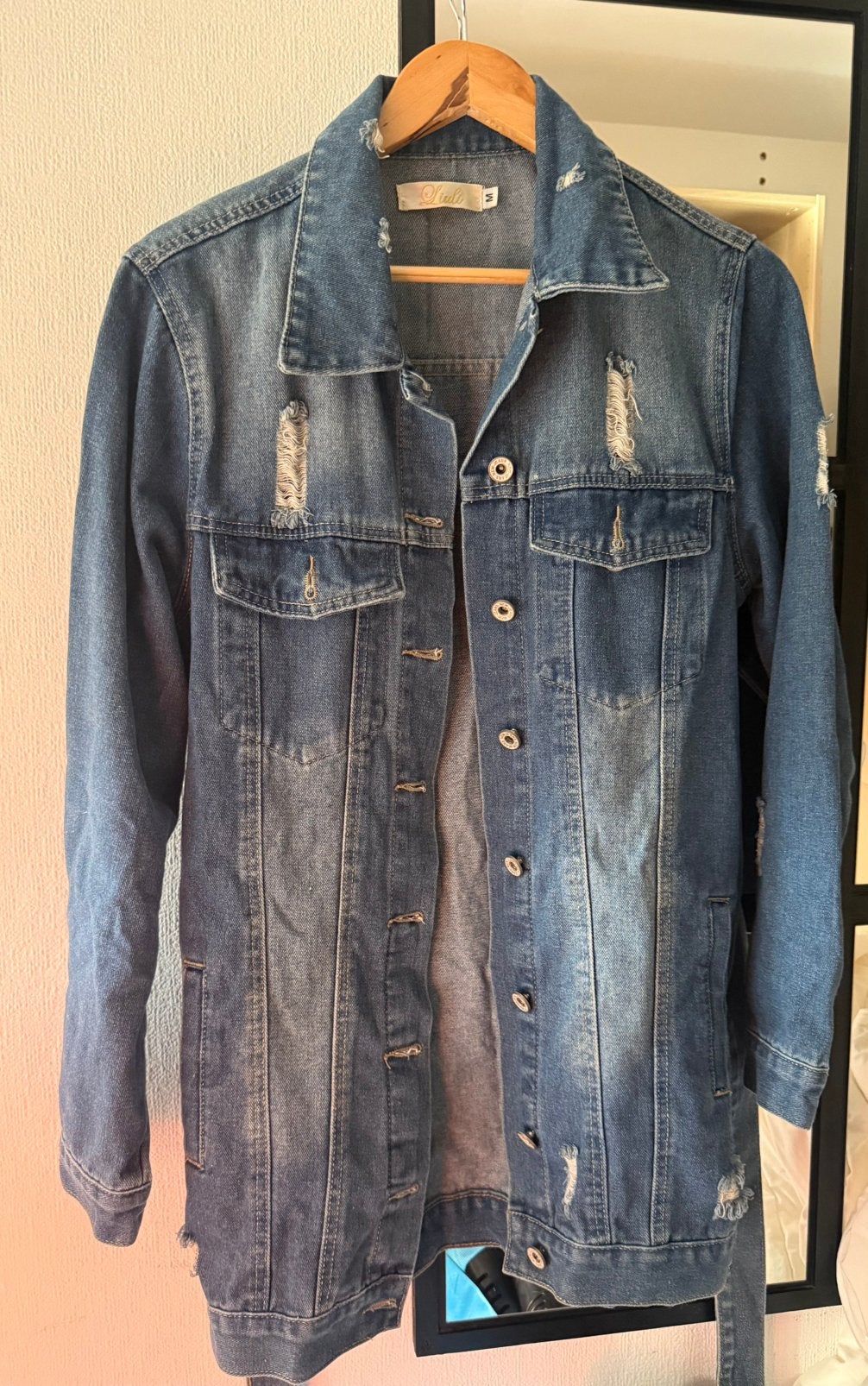 Lange spijkerjas M, Ophalen of Verzenden, Zo goed als nieuw, Maat 38/40 (M), Blauw