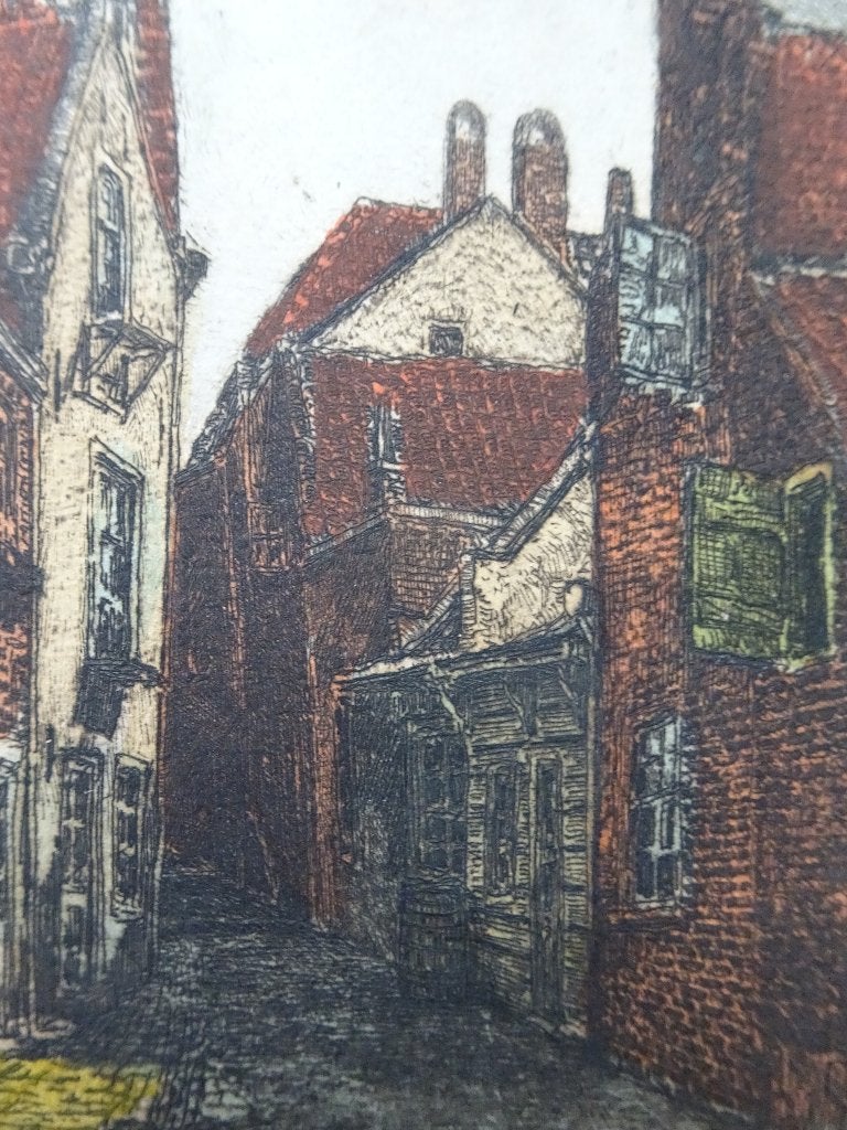Kleurenets oud straatje Vest Dordrecht O.P. Matthes ca 1910, Antiek en Kunst, Kunst | Etsen en Gravures, Stadsgezicht, Origineel