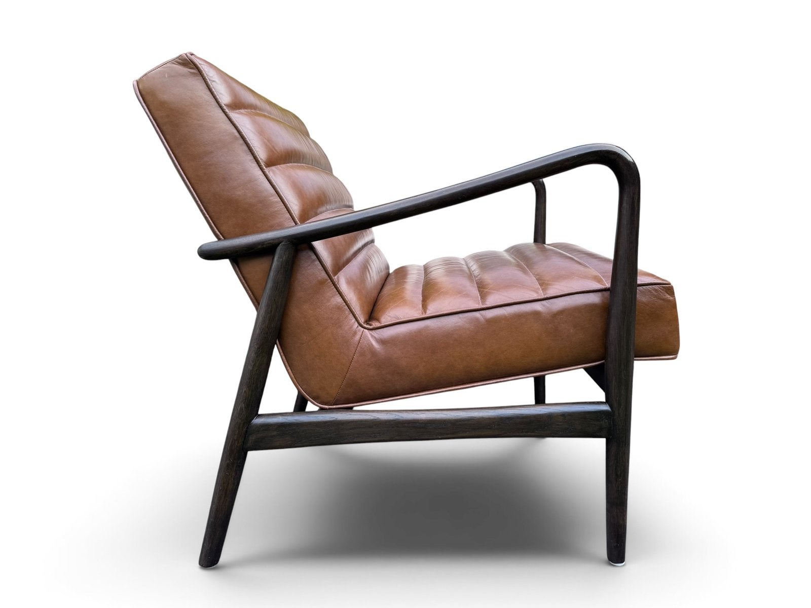 Mid-century modern designfauteuil in cognackleur., Ophalen, Mid-century, design, retro stijl, leer, houten frame, 75 tot 100 cm
