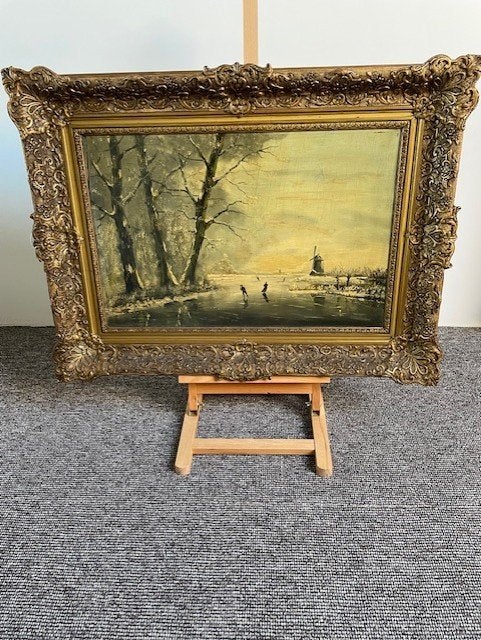 Winterlandschap met schaatsers, Paneel, Ophalen of Verzenden, Landschap, Olieverf