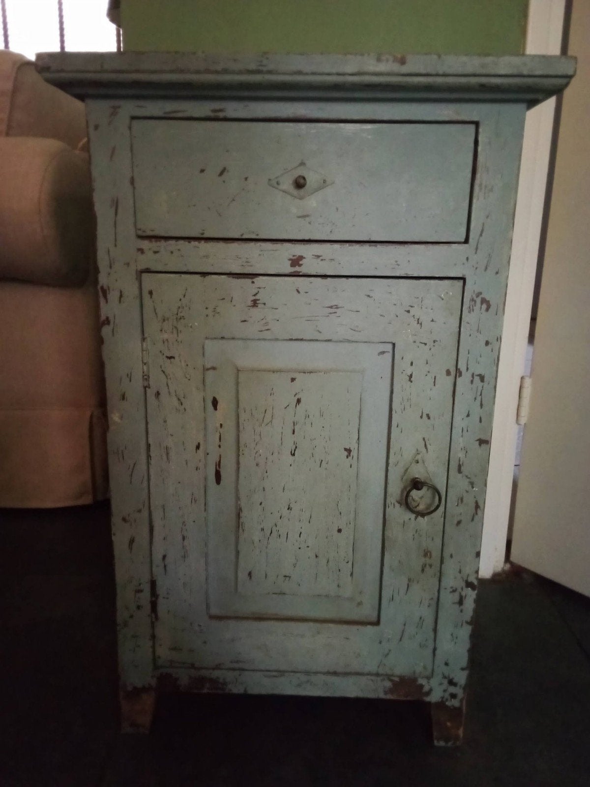 Vintage houten kastje met lade en deur, lichtblauw, Ophalen