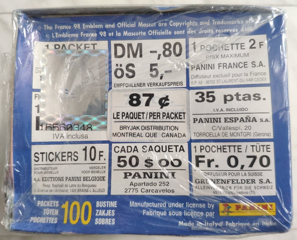 Panini France 98 doos met 100 pakjes voetbalplaatjes SEALED, Nieuw, Poster, Plaatje of Sticker, Ophalen, Buitenlandse clubs