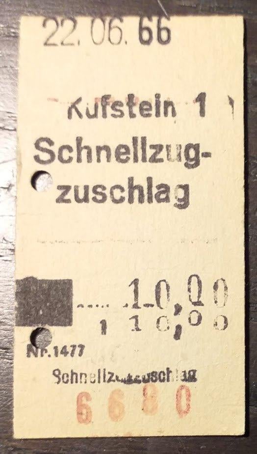 Oostenrijks treinkaartje Kufstein 1966 [4690]  [VeVeSp], Verzamelen, Spoorwegen en Tramwegen, Ophalen of Verzenden, Zo goed als nieuw
