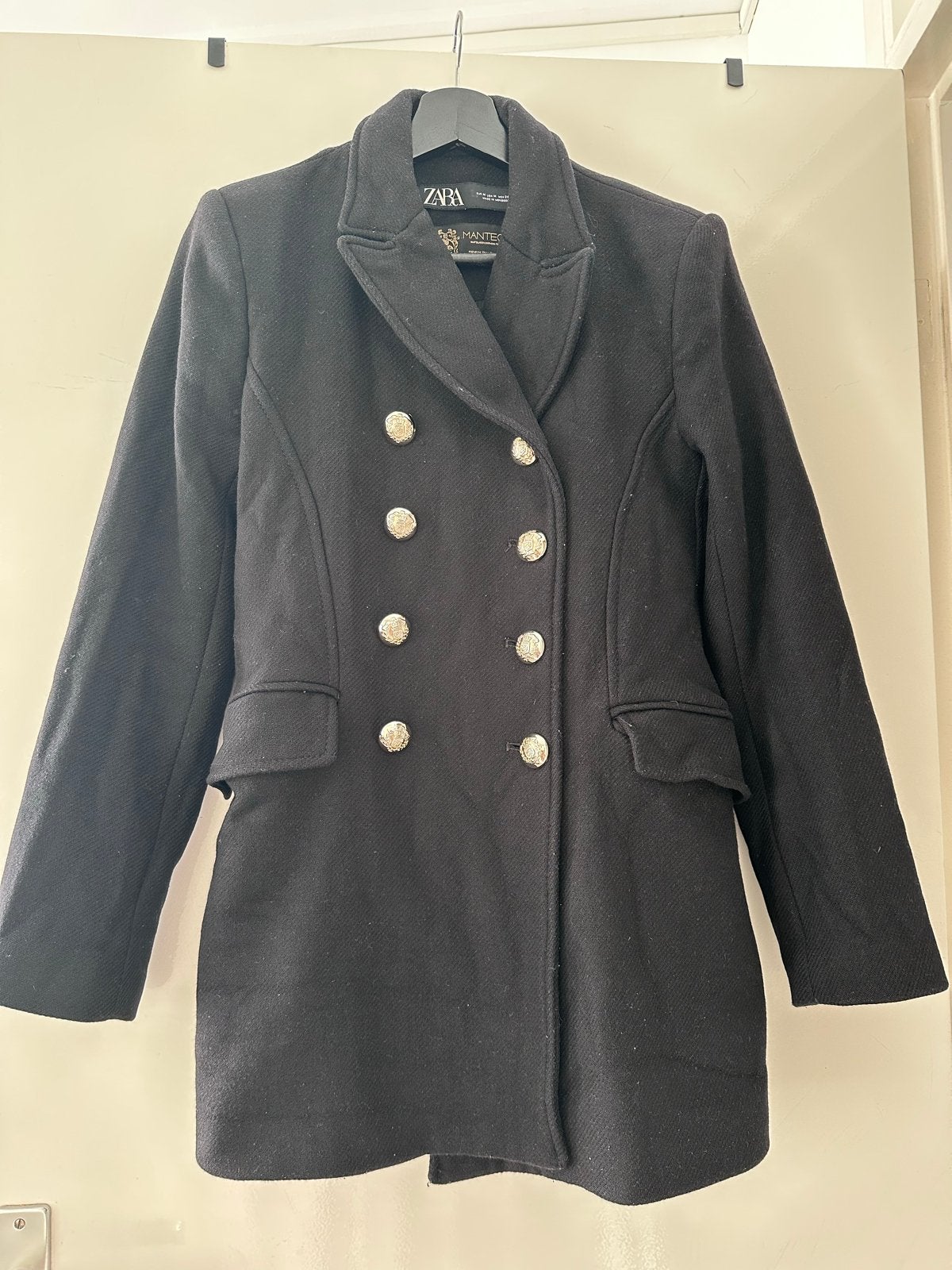 Zara Manteco Zwarte Double-Breasted Jas Maat M, Ophalen of Verzenden, Zo goed als nieuw, Maat 38/40 (M), Zwart