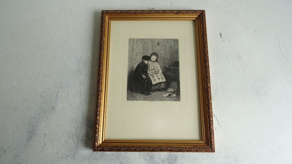 Jacob Taanman ets van jongen en meisje met kinderprent 1873, 26 cm, Dagelijks leven, 1800 - 1899, Ets