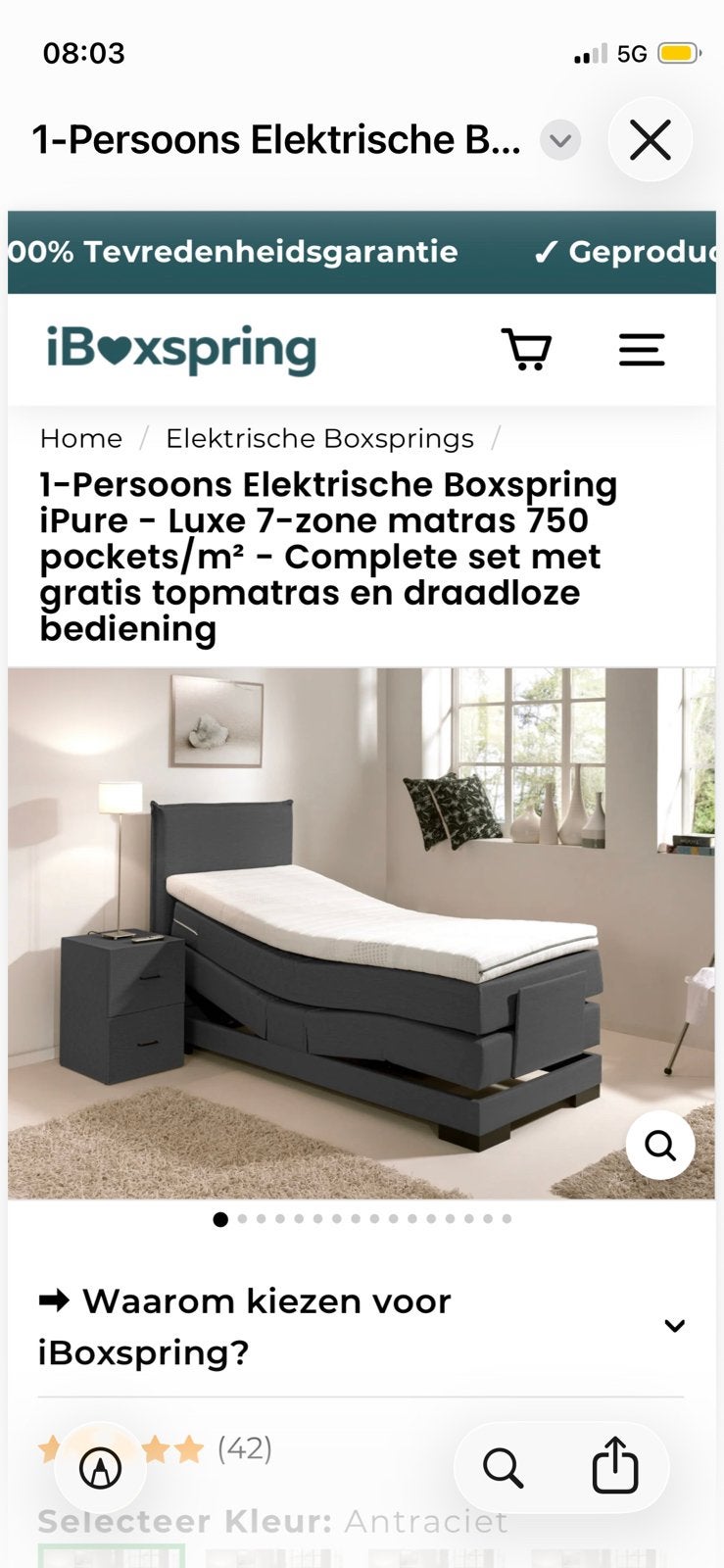 Donkergrijze boxspring 90x200 elektrisch, Ophalen, 90 cm, Eenpersoons, Zo goed als nieuw