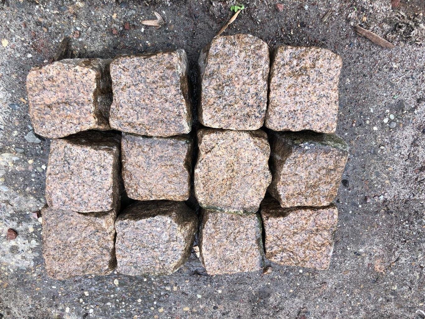 25m2 Portugees graniet geel zalm roze kinderkop oud 9-11cm, Ophalen, Gebruikt, Klinkers, Natuursteen