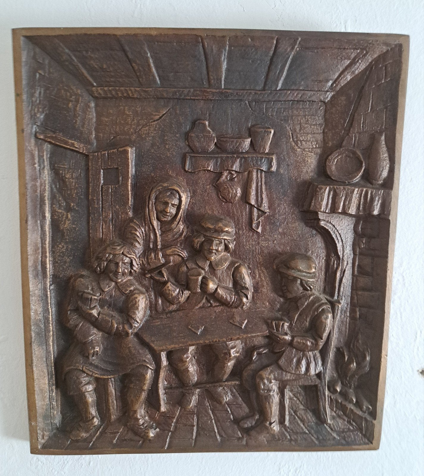 Bronzen reliëf: Feestvierders, Hollandse Meesters stijl, Ophalen, Brons, Beeld, Groep mensen