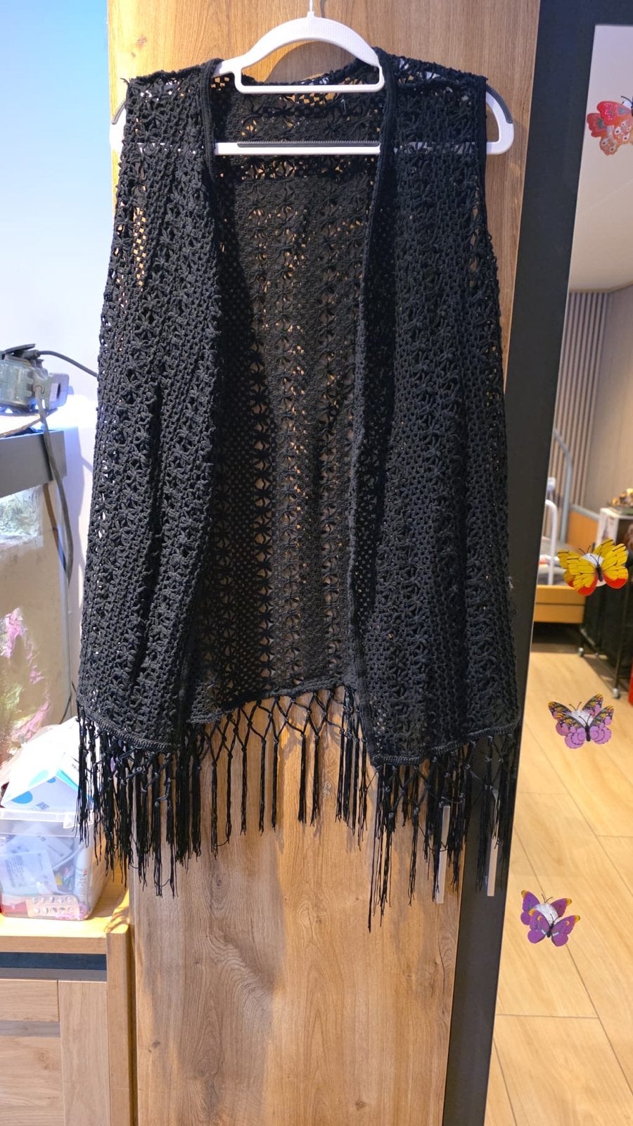 Zwart gehaakt vest met franjes, Ophalen of Verzenden, Zo goed als nieuw, Maat 38/40 (M), Zwart