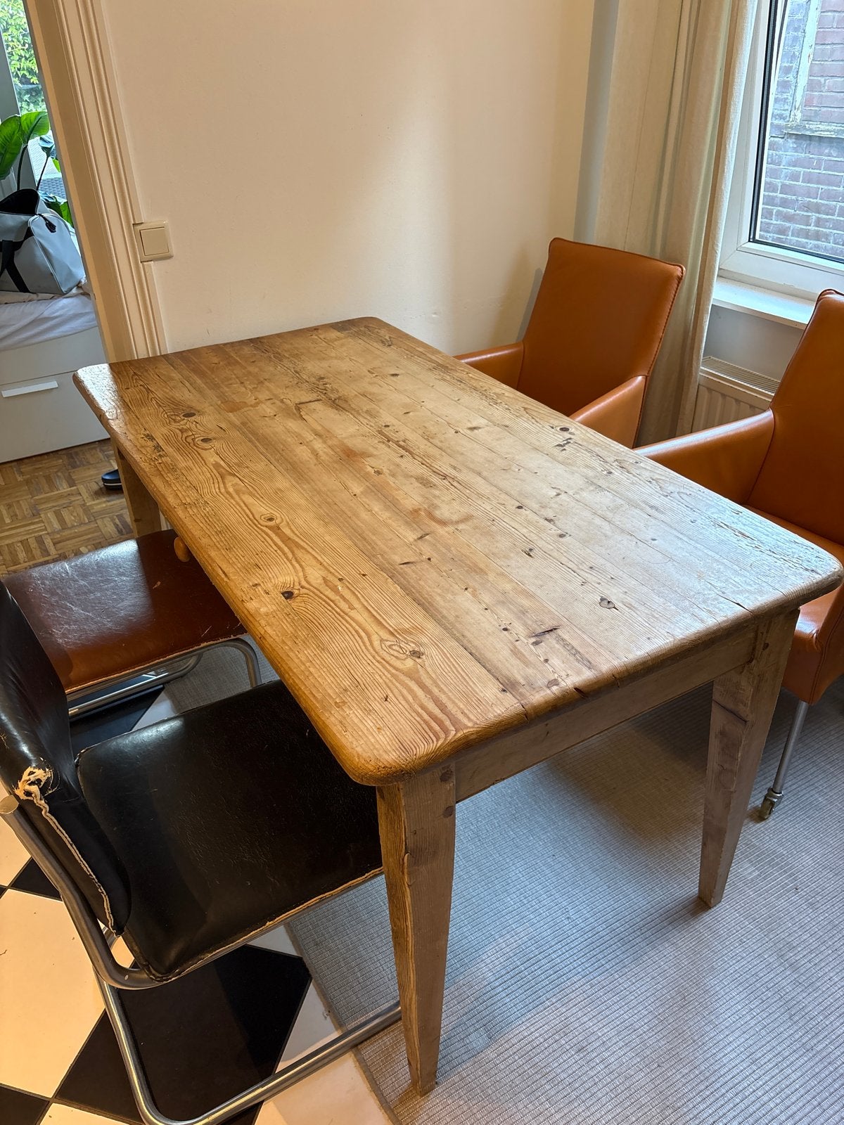 Robuuste houten eettafel - landelijke stijl, Ophalen, Gebruikt, 50 tot 100 cm, 150 tot 200 cm