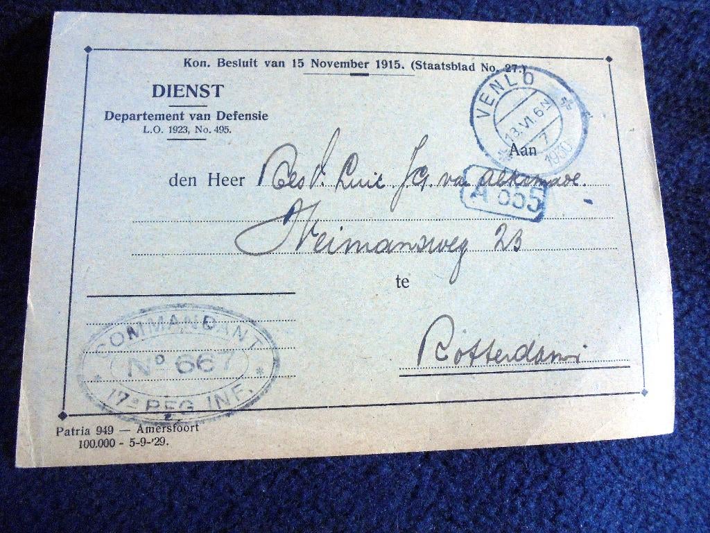 Briefkaart. Militair. 1930. 17e Regiment Infanterie. Venlo, Verzenden, Voor 1920, Gelopen, Ambachten of Beroep