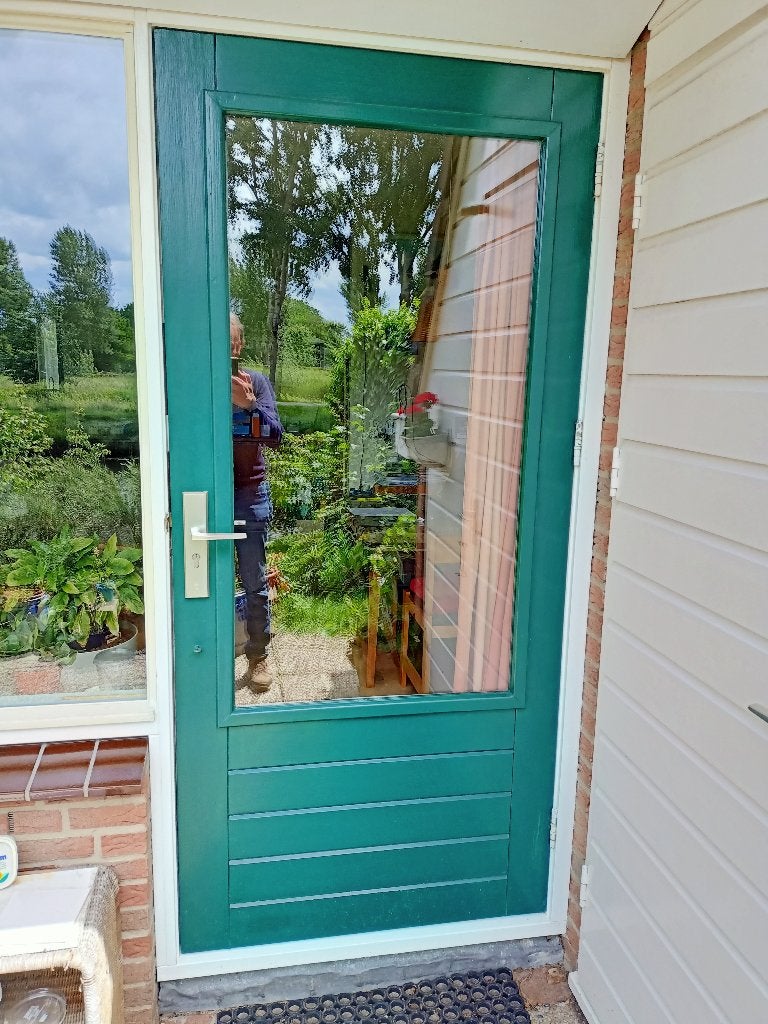 Hardhouten achterdeur met dubbel glas, Ophalen, Gebruikt, 80 tot 100 cm, Buitendeur