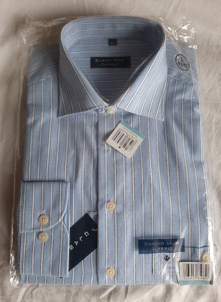 Enrico Mori Classic  Overhemd Maat L 41 - 42 Blauw Gestreept, Ophalen, Blauw, Enrico Mori Classic 41-42, Nieuw