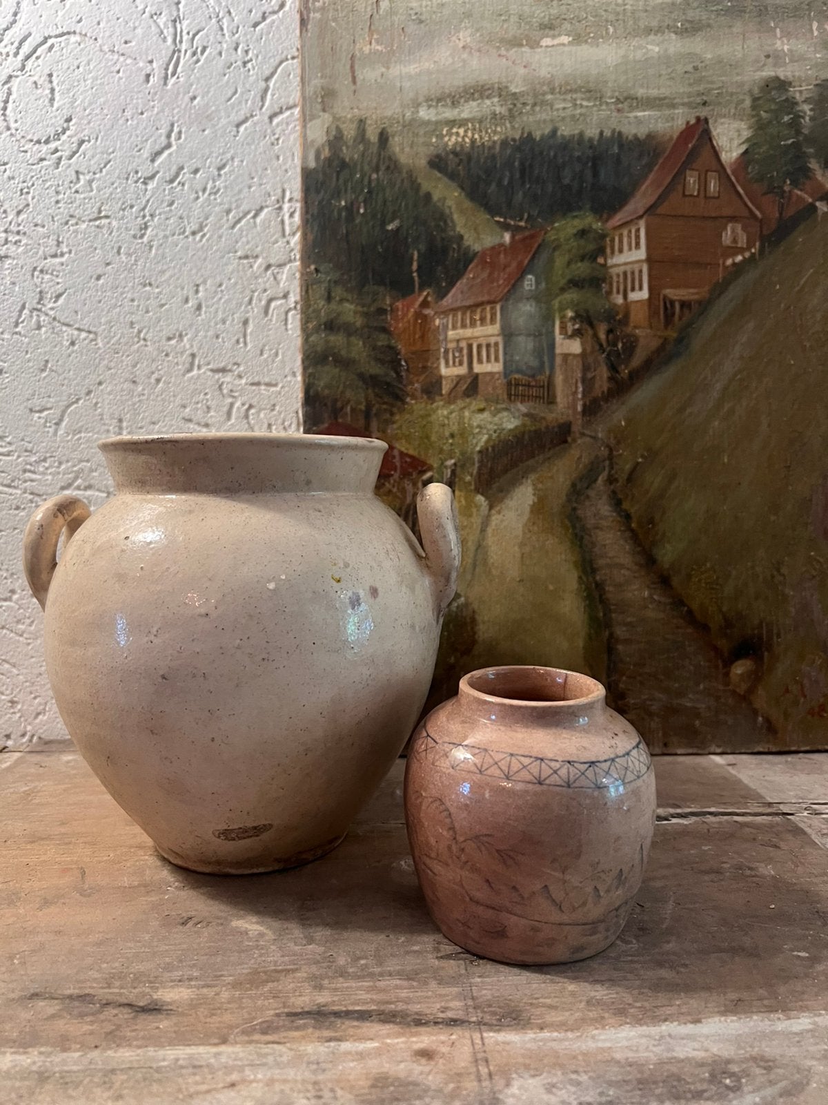 Antieke oude brocante kruik vaas inmaakpot? Urn model oren, Ophalen of Verzenden
