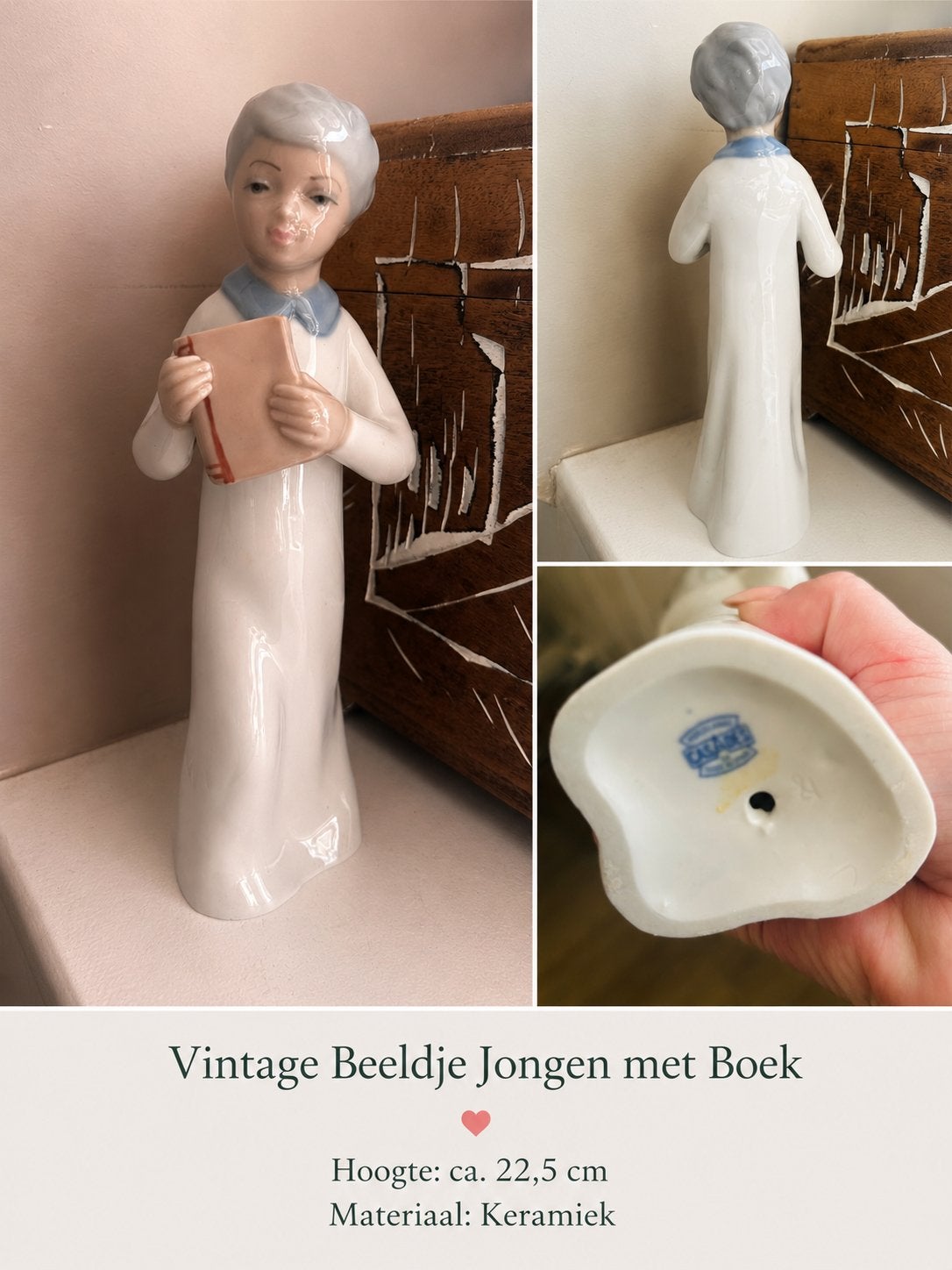 Casades beeldje jongen met boek, 22,5 cm hoog, Antiek en Kunst, Ophalen of Verzenden, Beeld, Man, 20 - 50 cm