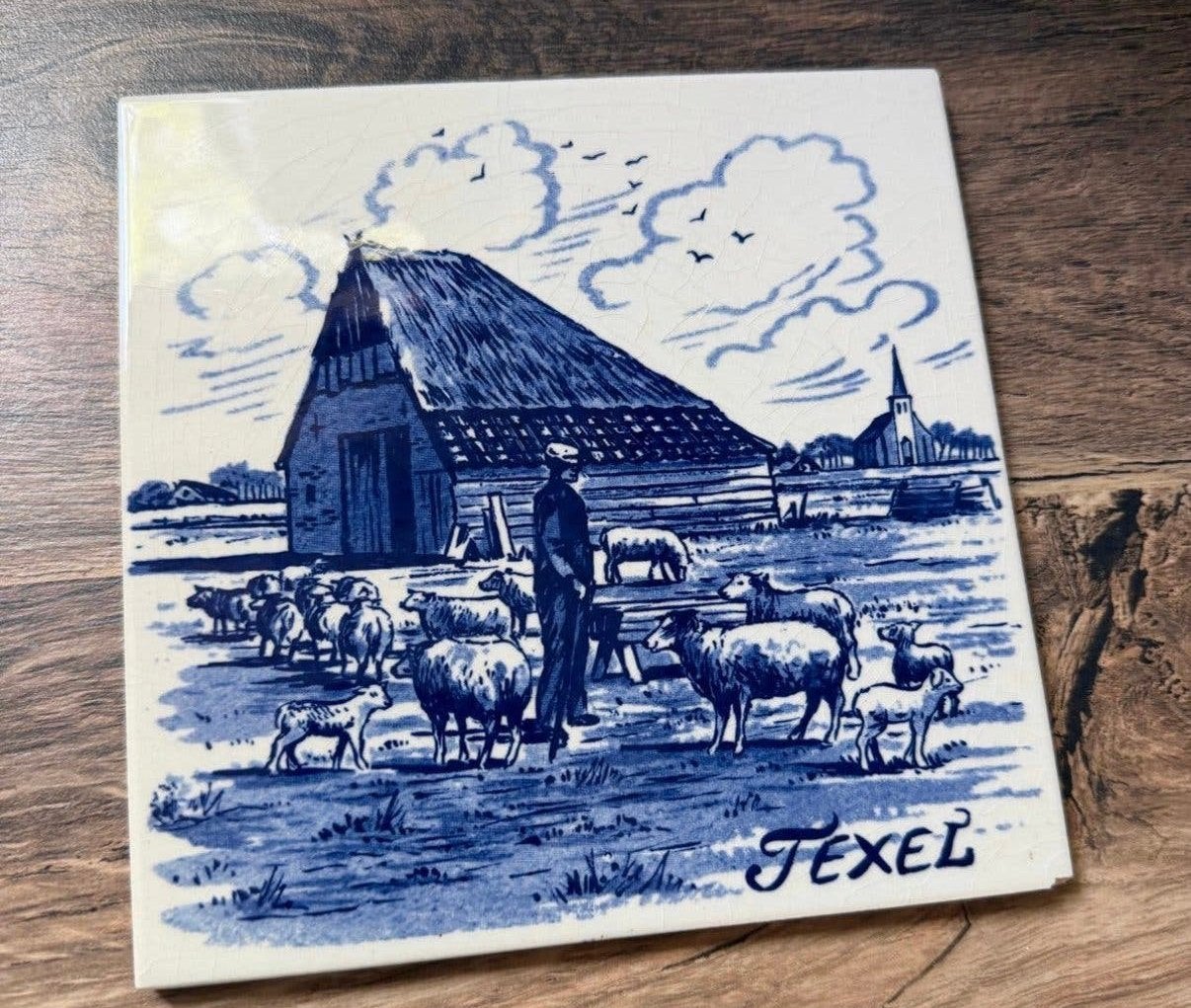 Delfts blauw tegeltje Texel met schapen en boerderij, Antiek en Kunst, Ophalen of Verzenden