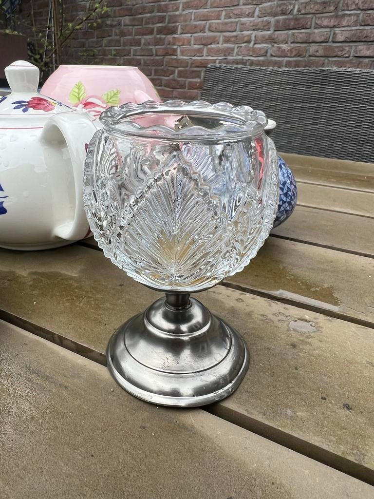 Vaasje waxinelichtje glas met kristal /tin, Antiek en Kunst, Antiek | Glas en Kristal, Ophalen of Verzenden