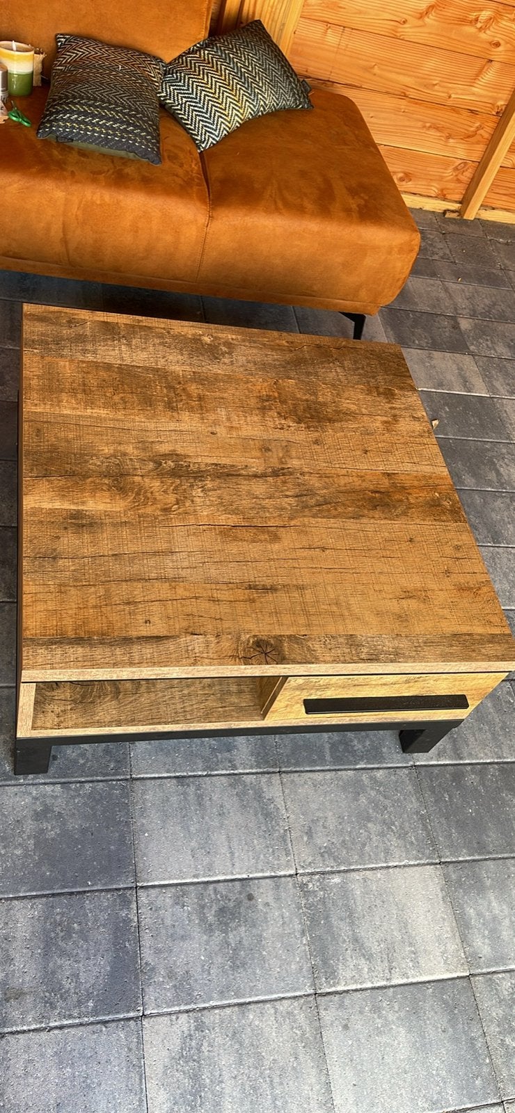Robuuste salontafel met lade en open vak, Ophalen, Gebruikt, 50 tot 100 cm, Vierkant