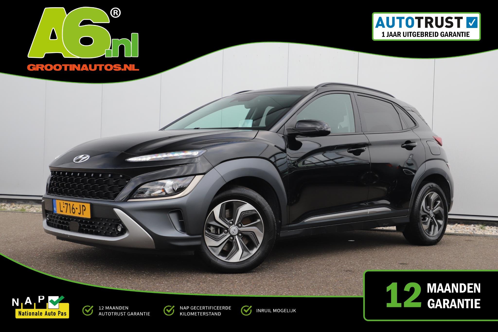 Hyundai Kona 1.6 GDI HEV Fashion Automaat Hoge Instap Naviga, Auto's, Stof, Gebruikt, Euro 6, Zwart