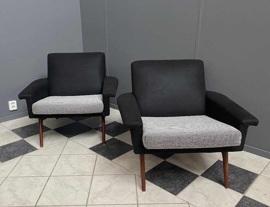 60 jaren set zwarte fauteuils met witte strepen teak frame, Ophalen, Gebruikt, Vintage, 75 tot 100 cm