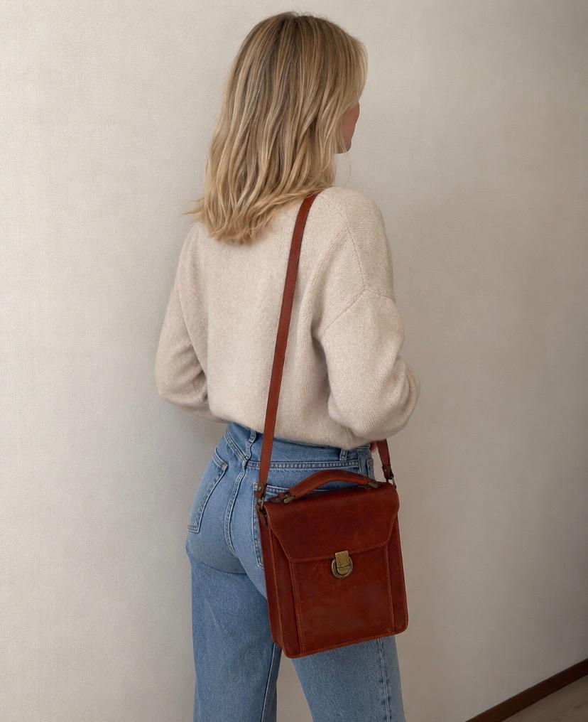 Vintage Italiaans leren tas – HL | jaren ’70, Ophalen of Verzenden, Gebruikt, Bruin, Schoudertasje