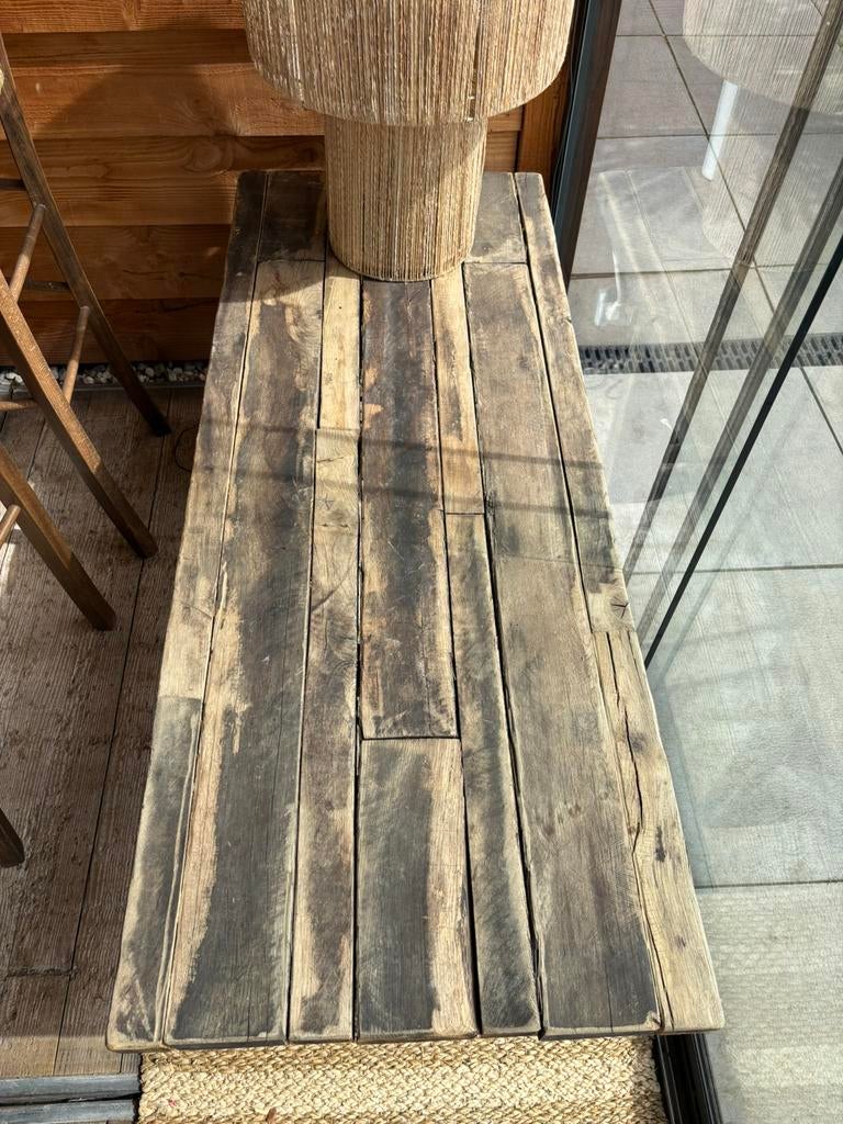 Unieke wagon houten Tafel., Ophalen, Gebruikt, 100 tot 150 cm, 50 tot 100 cm