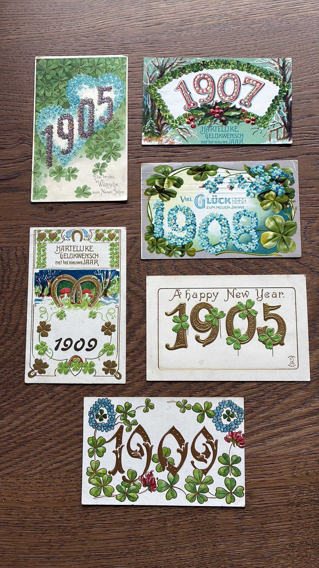 Relief.6x.. Jaartal 1905,1907,1908,1909.goudopdruk,klaver et, Ophalen of Verzenden, Voor 1920, Gelopen, Overige thema's