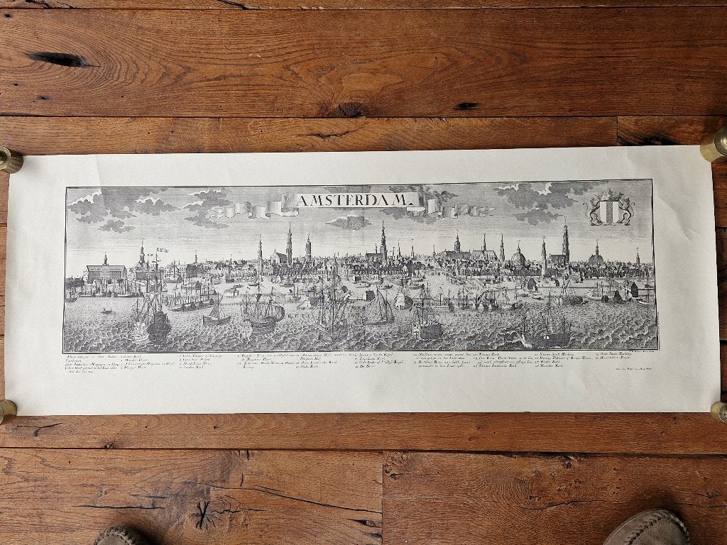 gravure van de haven van Amsterdam midden 17e eeuw., Antiek en Kunst, Kunst | Etsen en Gravures, Ophalen of Verzenden, Stadsgezicht