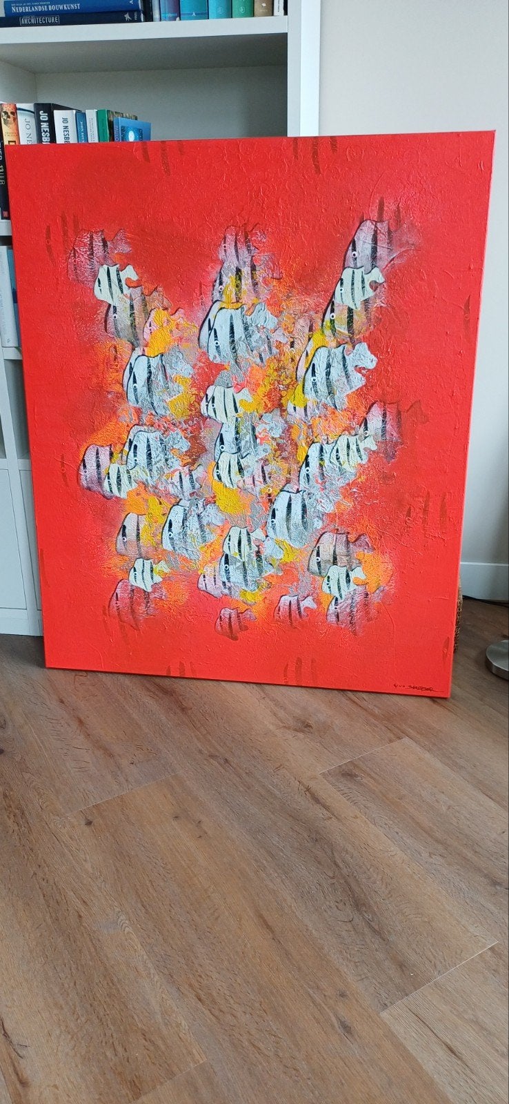 Schilderij Gino Sauerbier - Abstracte vissen 100x120cm, Ophalen