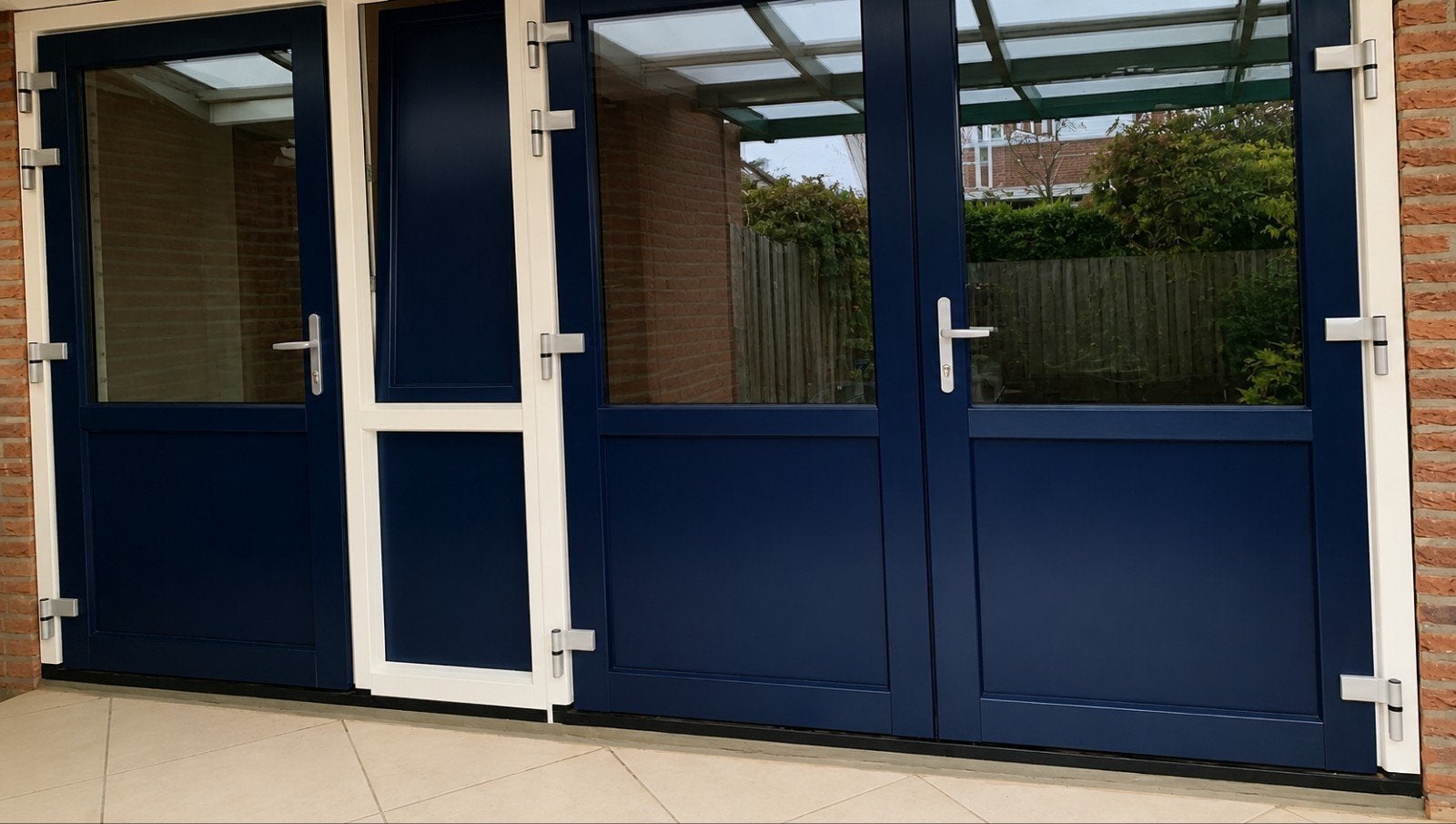 3 blauwe deuren met glas, Doe-het-zelf en Verbouw, Deuren en Horren, Ophalen, Gebruikt, 80 tot 100 cm, Buitendeur