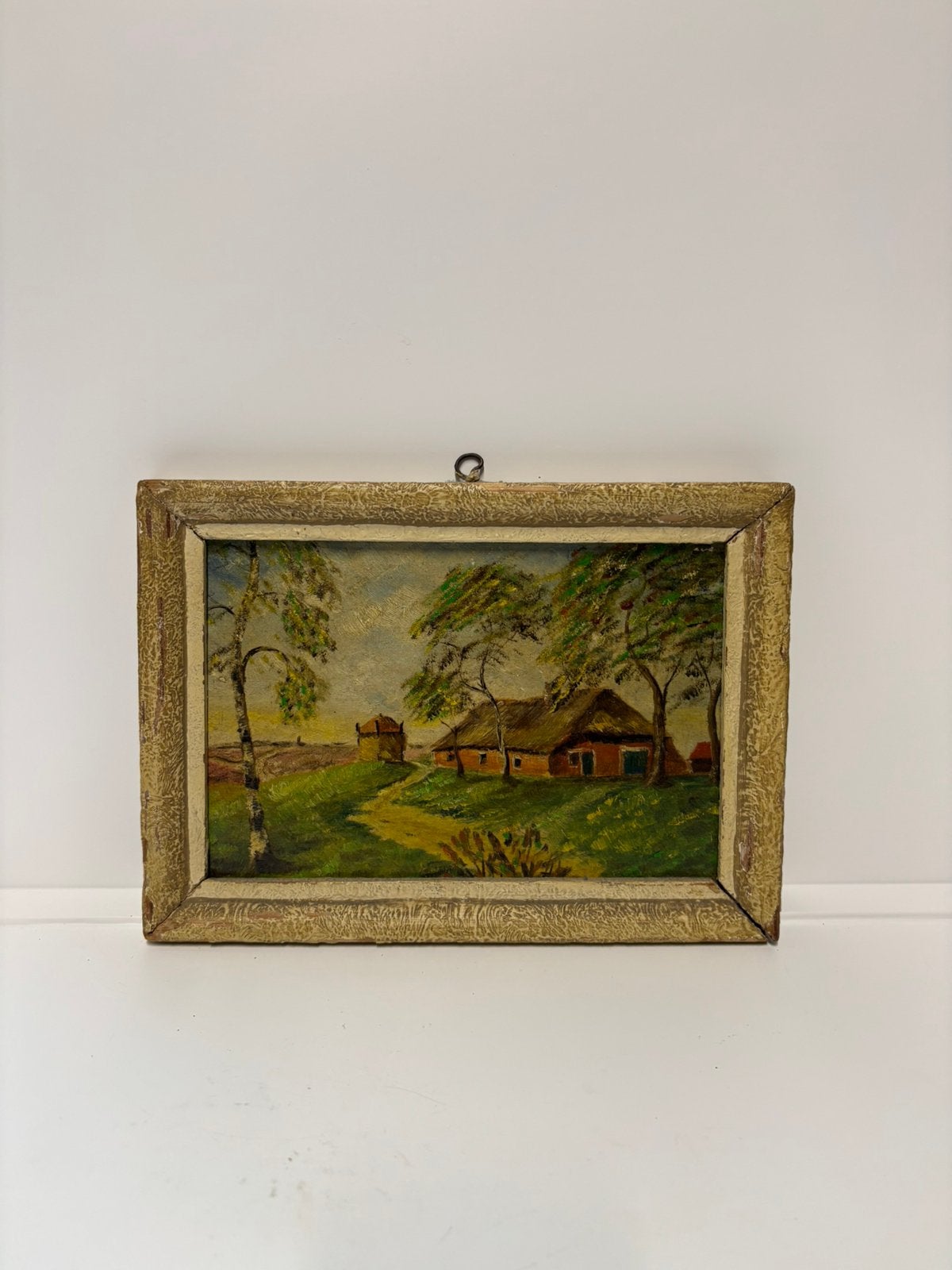 Vintage olieverf schilderij boerderij op hout ingelijst, Paneel, Ophalen of Verzenden, Gesigneerd, Landschap
