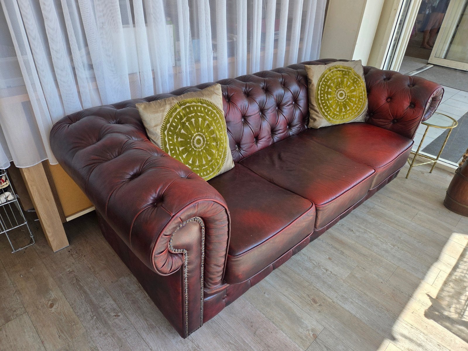Zeer Mooie Rood Leren Chesterfield 3 zitter bank., Ophalen, Chesterfield, Driepersoons, Zo goed als nieuw