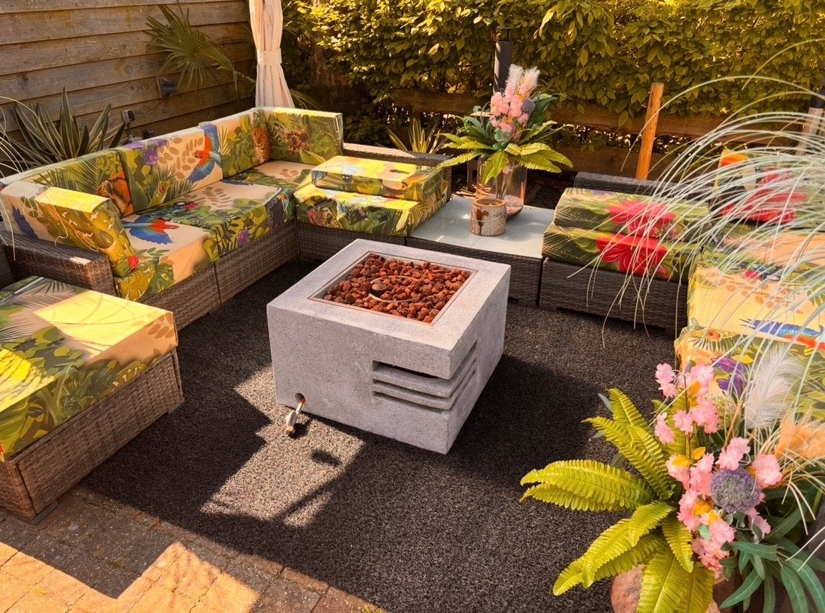 Extra grote loungeset met dikke tropische kussens en 2 tafel, Ophalen, Gebruikt, Meer dan 8 zitplaatsen, Loungeset