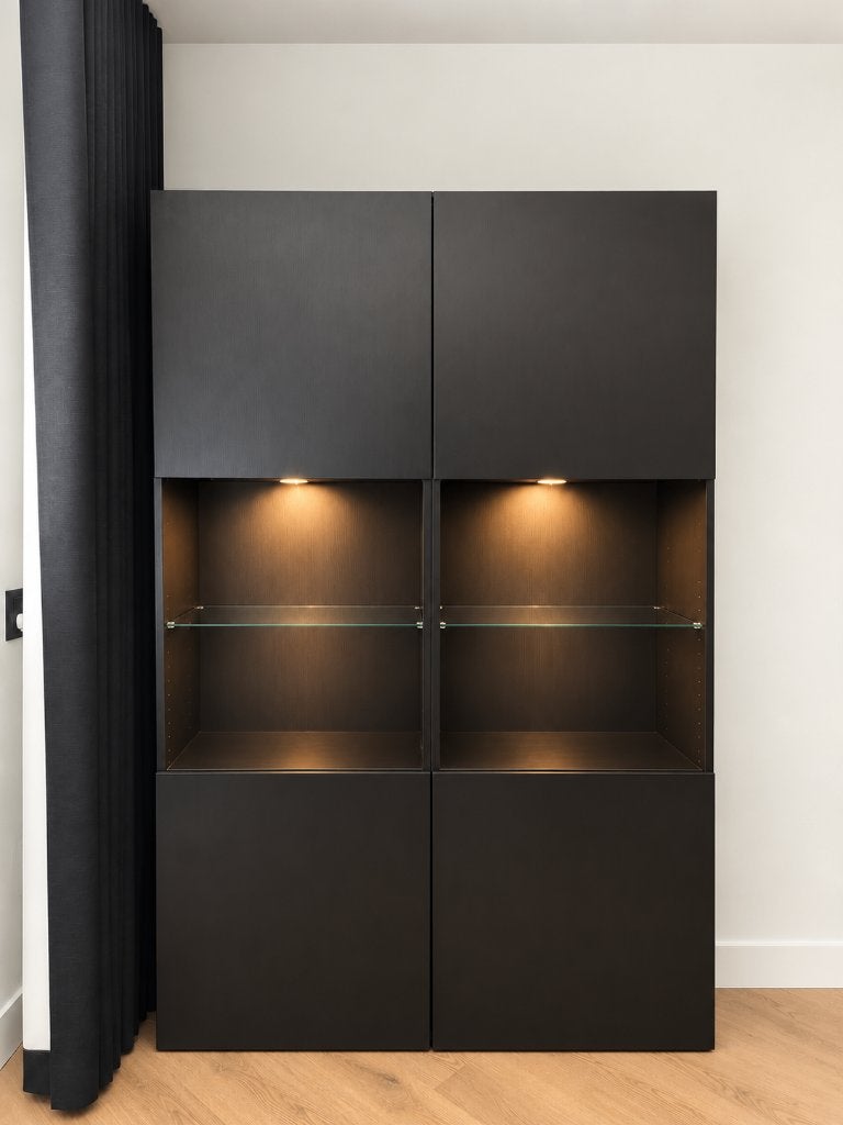 IKEA BESTÅ kastcombinatie – 2 kasten – met glasplanken, Ophalen, Met deur(en), Modern, strak en minimalistisch, 50 tot 100 cm