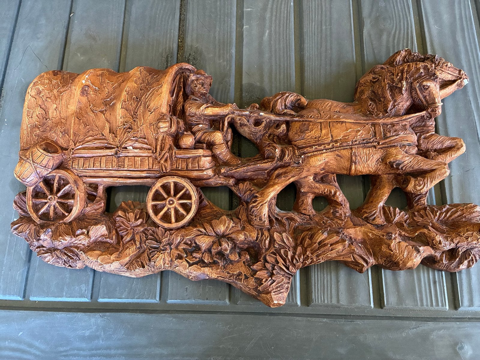 Stenen wanddecoratie: Huifkar met paarden, Ophalen, 50 - 100 cm, Handgemaakt, Wanddecoratie