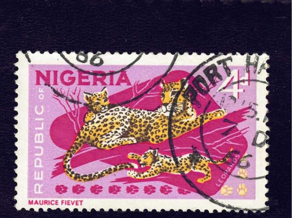 Katachtigen - Nigeria - 180 - 4d - Luipaard met welpen (2) -, Ophalen of Verzenden, Gestempeld, Dier of Natuur