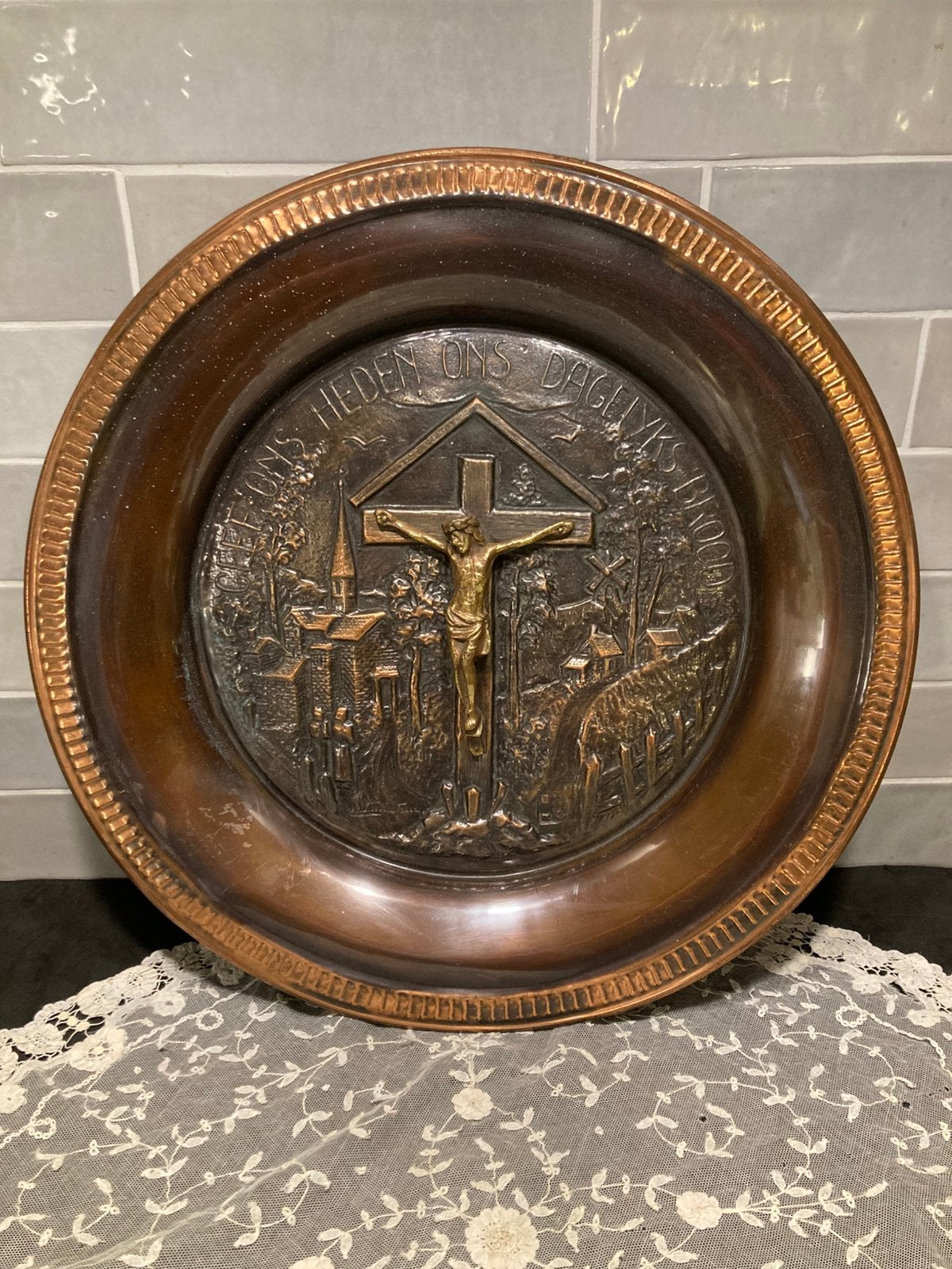 Koperen bord met spreuk (110225c), Antiek en Kunst, Ophalen of Verzenden