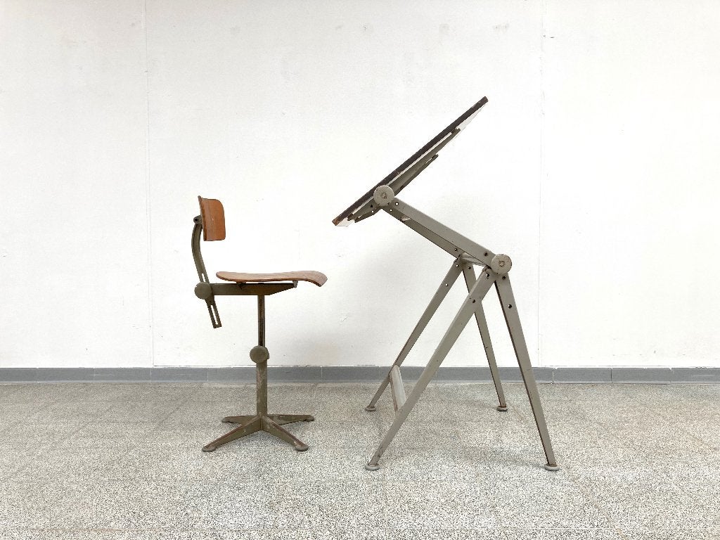 Vintage design Friso Kramer/Wim Rietveld tekentafel + stoel, Ophalen, Gebruikt, Minder dan 130 cm
