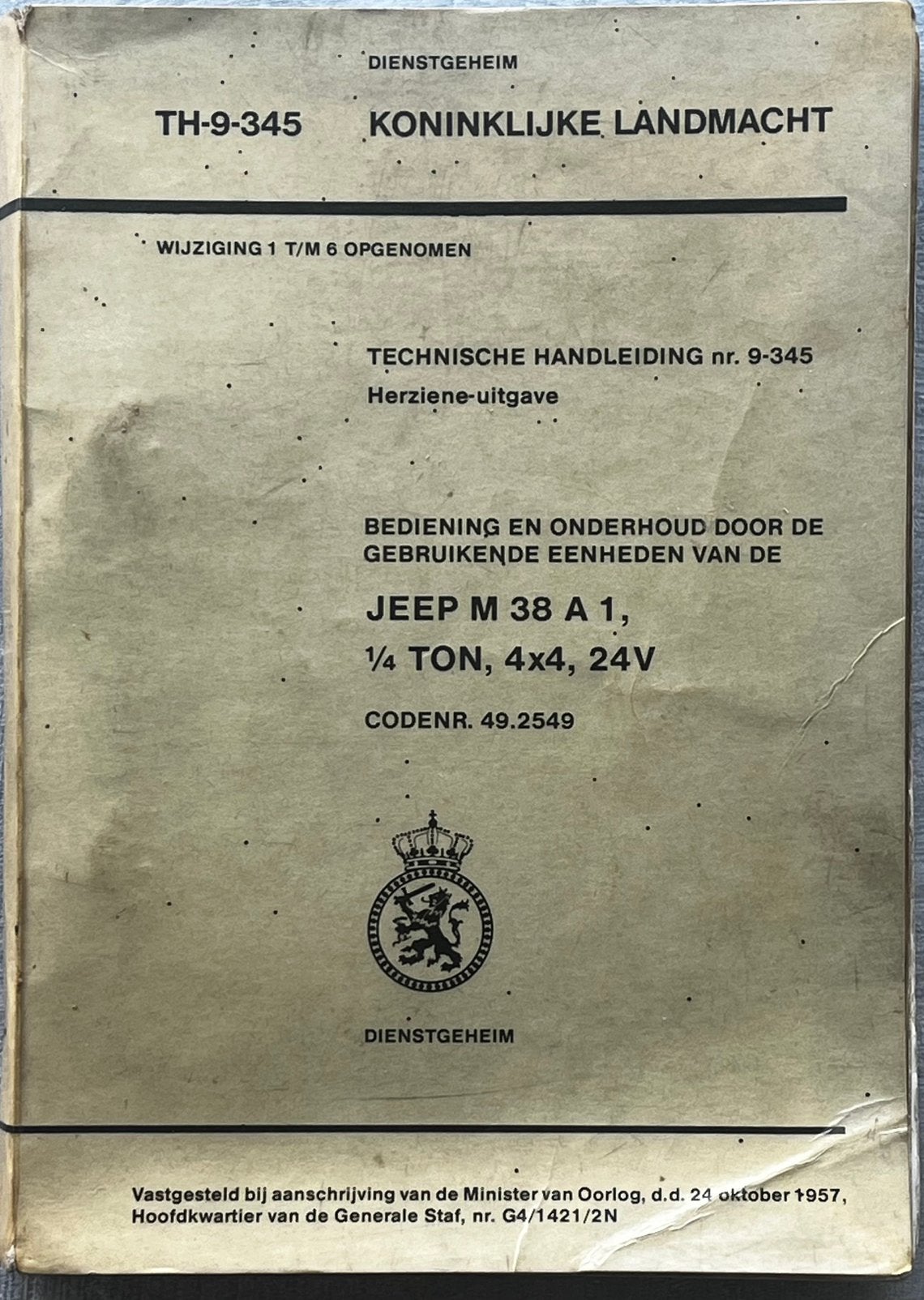 Techn. handleiding Jeep M38 A1, 1/4 ton Kon. Landmacht 1957, Ophalen of Verzenden, Gelezen, Autotechniek
