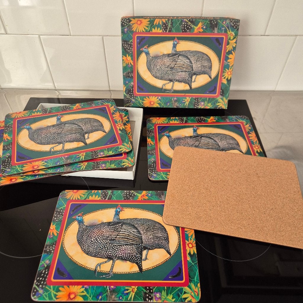 6 engelse placemats parelhoenen / 6 guinea fowl placemats, Ophalen