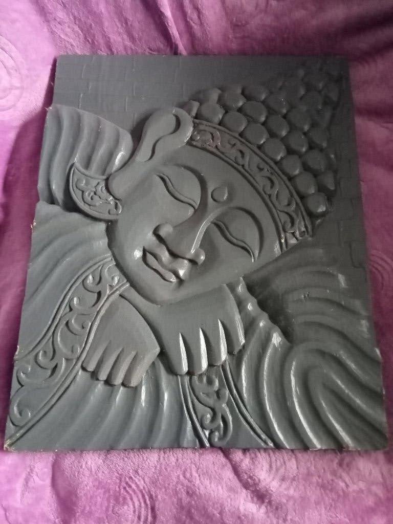 HOUTEN KUNSTWERK GRAVURE SLAPENDE BOEDHA RELIEF SCHILDERIJ, Ophalen, Gebruikt