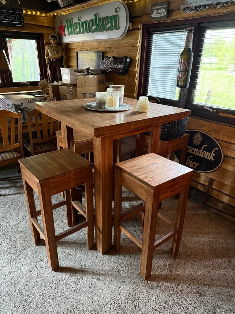 Teak Houten bartafel met 4 krukken - Zo goed als nieuw, Ophalen, Zo goed als nieuw, 90 cm of meer, 4 krukken