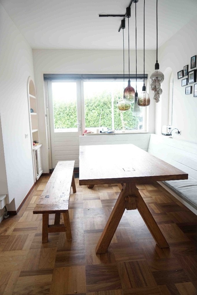 Houten tafel 200x100 met bijpassende bank, Huis en Inrichting, Ophalen, Gebruikt, Eikenhout, 200 cm of meer