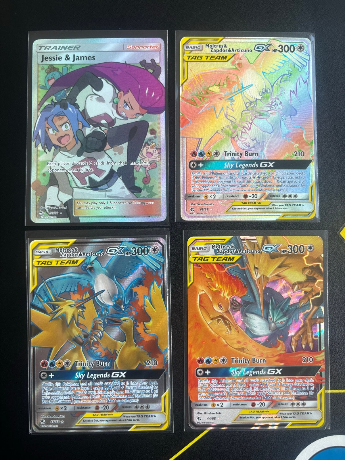 Hidden Fates Moltres Zapdos Articuno GX & Jessie & James, Ophalen of Verzenden, Zo goed als nieuw, Meerdere kaarten, Foil