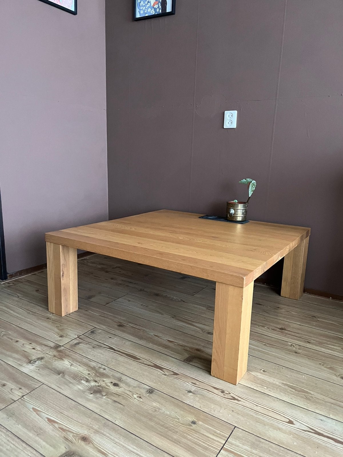 Massief eikenhouten salontafel 1m x 1m, Ophalen, 50 tot 100 cm, 50 tot 100 cm, Zo goed als nieuw